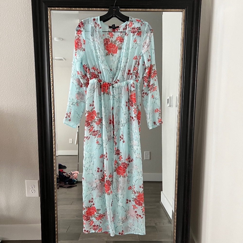 Forever 21 Floral Print Long Sleeve Two Button Kimono